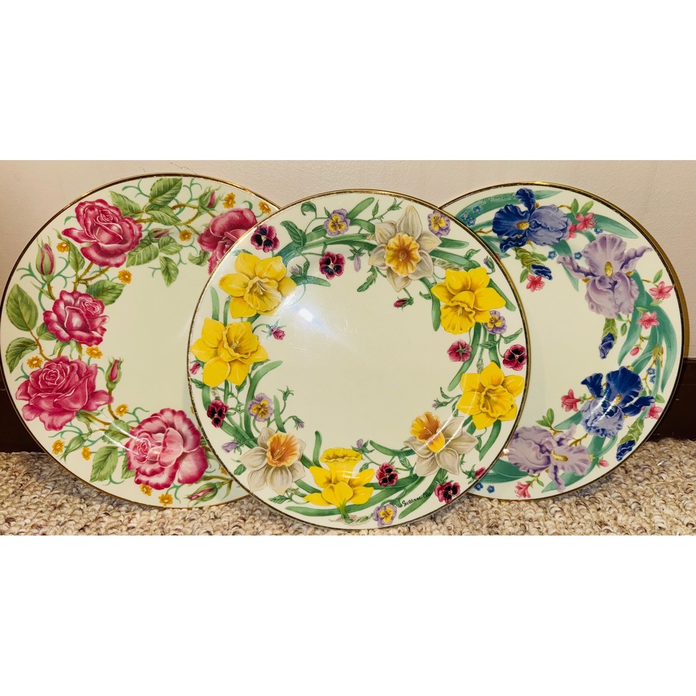 Lenox Suzanne Clee Flower Blossom Dessert Plate Set of 3 Rose Daffodil Iris 1998